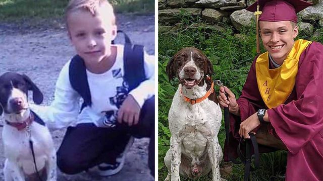 Recién graduado y su perro recrean foto de primer día de escuela