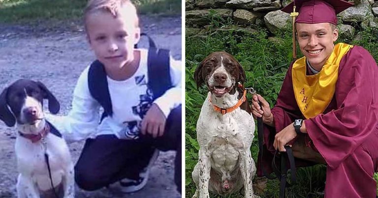 Recién graduado y su perro recrean foto de primer día de escuela