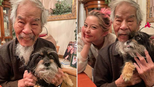 Abuelo y perrita tienen barbas similares