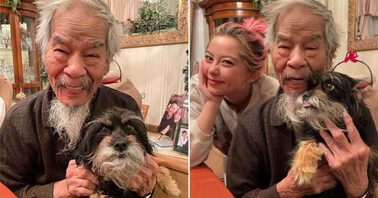 Abuelo y perrita tienen barbas similares