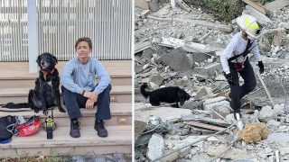 Bombera y su perro caminan entre los restos de un condominio colapsado en busca de sobrevivientes