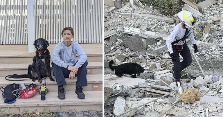 Bombera y su perro caminan entre los restos de un condominio colapsado en busca de sobrevivientes