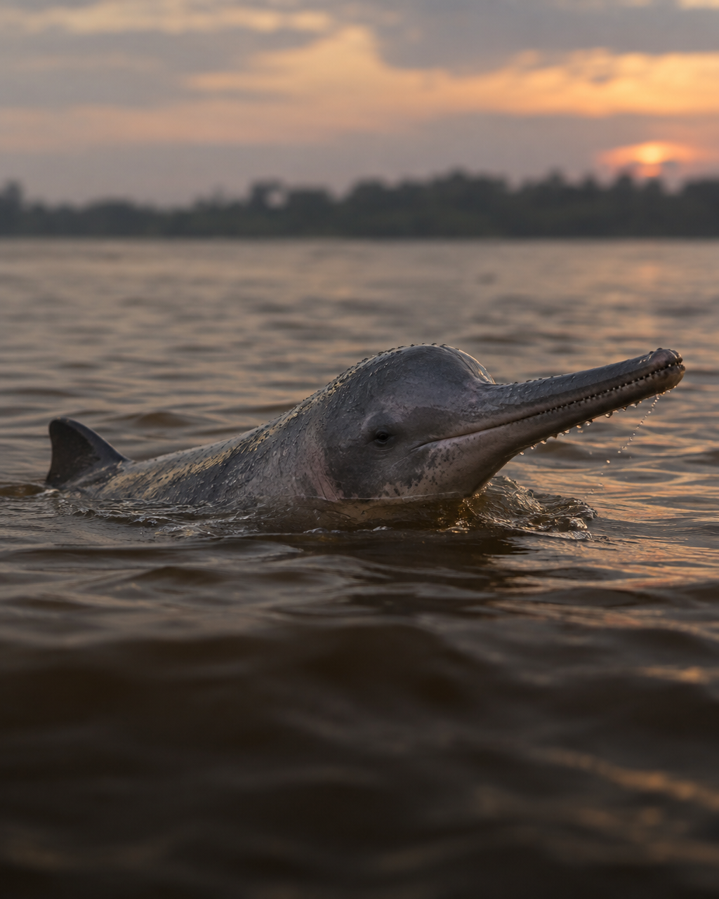 Primer plano del hocico alargado y la pequeña aleta dorsal de un delfín de río asomando en aguas turbias al atardecer