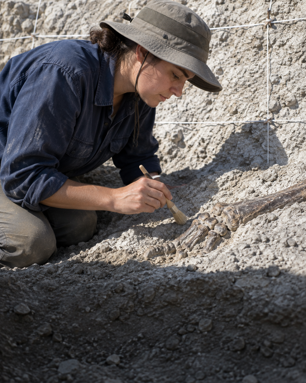 Persona con camisa de trabajo azul desteñida y sombrero, de rodillas en un pozo de excavación poco profundo abierto en arcilla blanquecina, en una colina seca