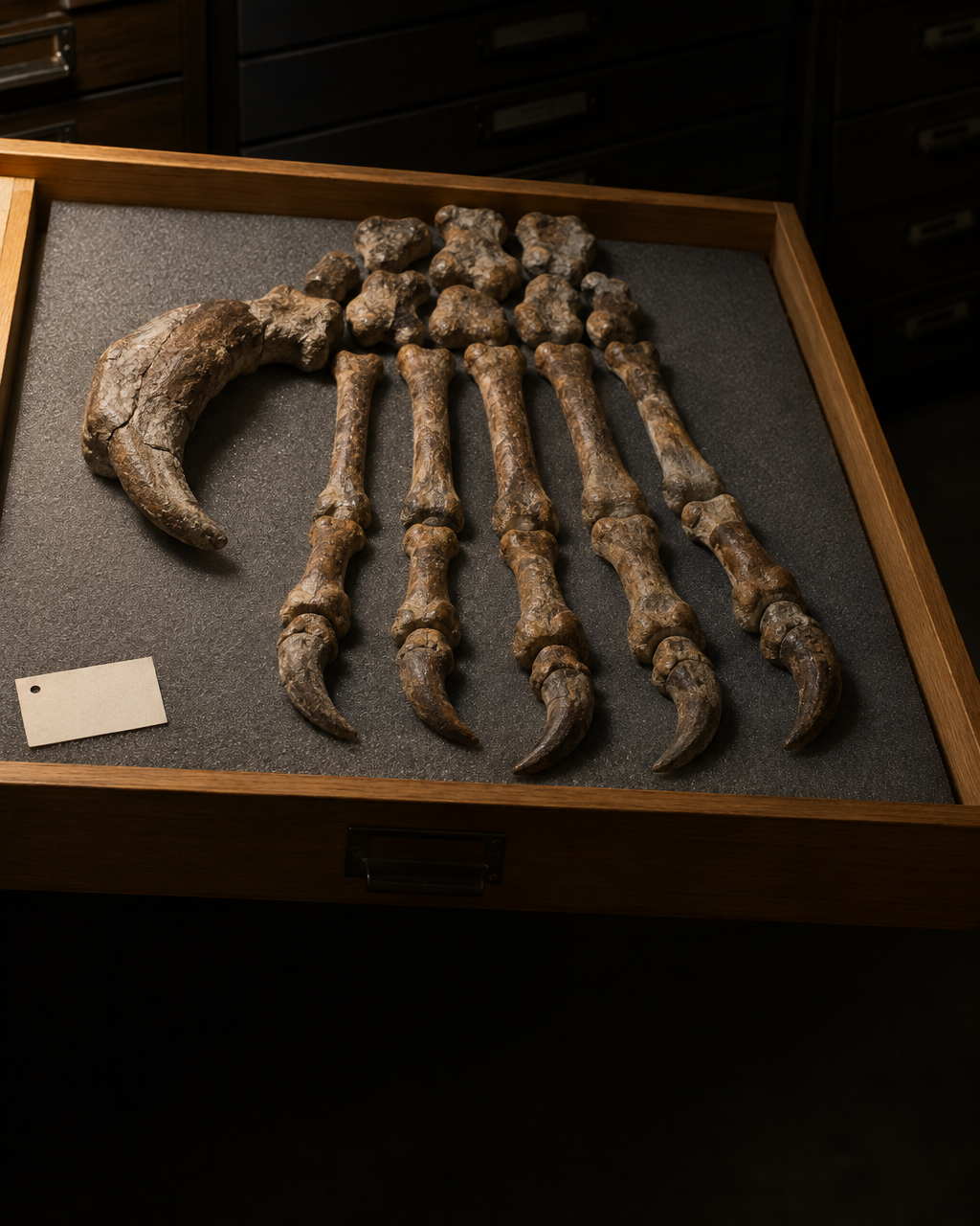 Huesos fósiles de la pata delantera de un carnívoro extinto, con dedos finos terminados en garras curvas, dispuestos sobre espuma gris en un cajón de madera de una colección de museo