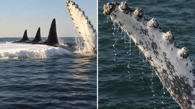 La foca que escapó de las orcas sobre el pecho de una ballena jorobada