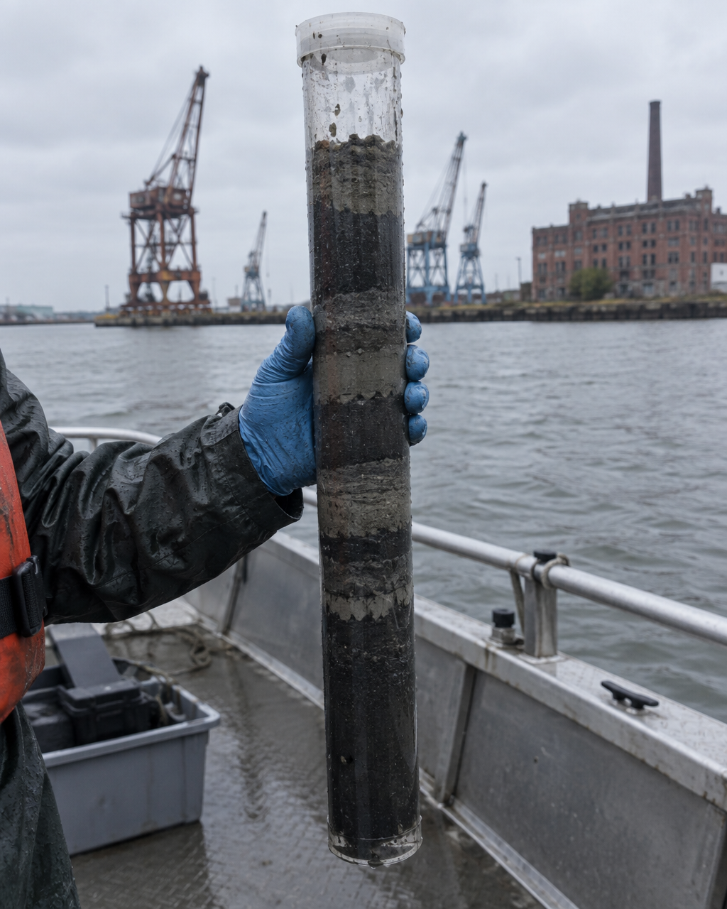 Mano con guante sostiene un tubo transparente con lodo oscuro en capas sobre la cubierta mojada de un bote de aluminio, con un puerto industrial gris al fondo