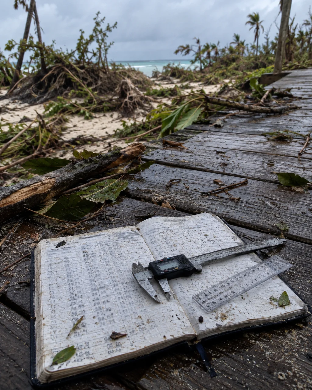 Libreta de campo abierta con columnas de medidas escritas a mano, un calibre digital y una regla sobre un muelle de madera, entre ramas rotas y hojas arrancadas