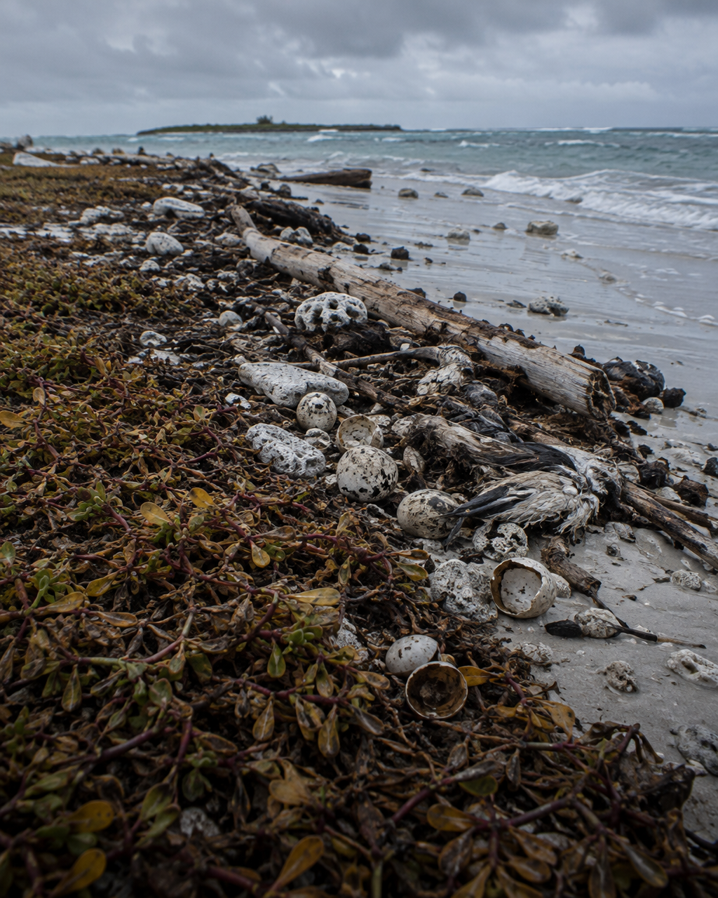 Un biólogo se arrodilla en la arena de coral al amanecer para revisar una trampa metálica abierta, con charranes cerca y el mar vacío al fondo