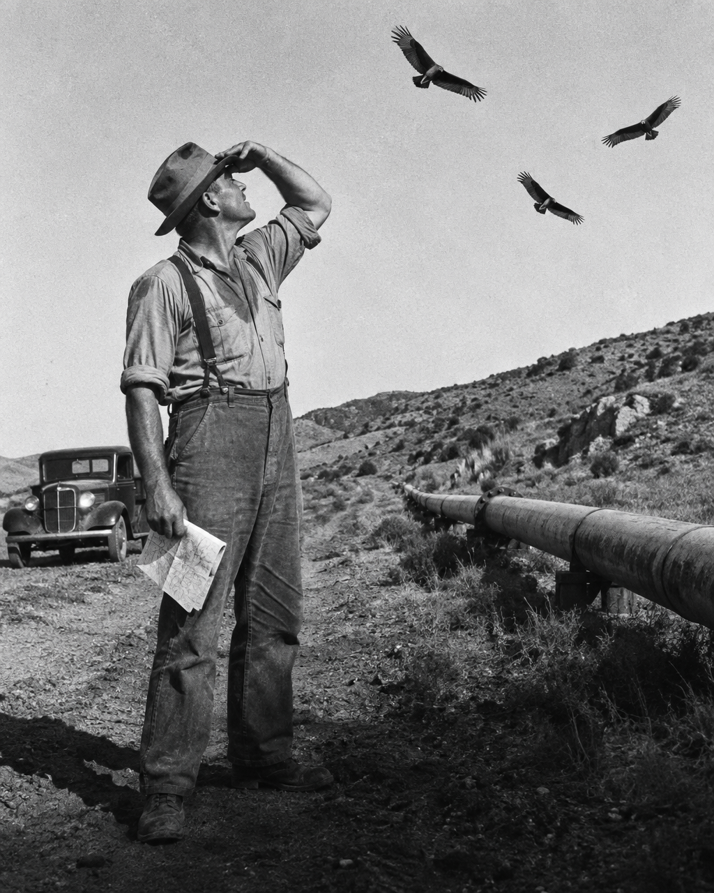 Imagen en blanco y negro de un ingeniero de campo de los años treinta, con camisa arremangada, tirantes, pantalón de lona, botas polvorientas y sombrero de fieltro, de pie en un camino de tierra junto a una tubería.