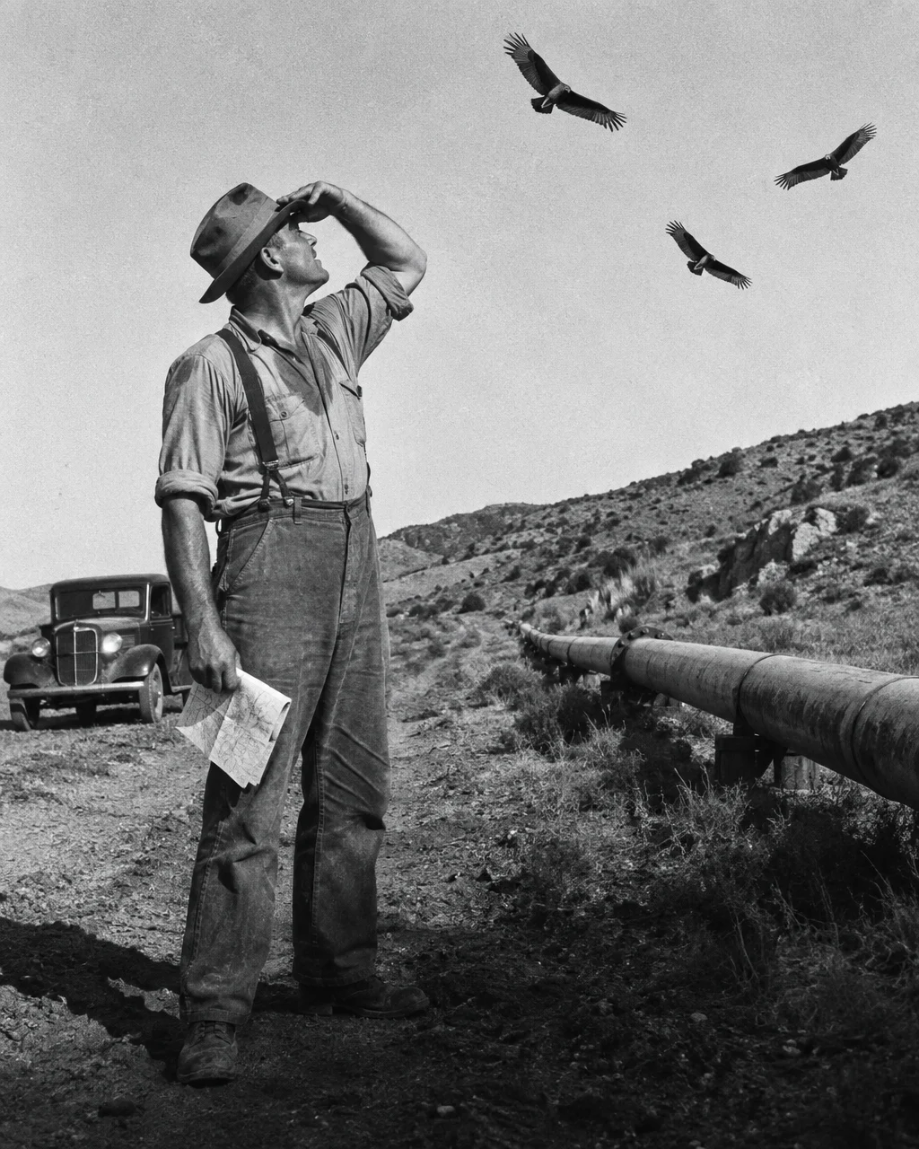 Imagen en blanco y negro de un ingeniero de campo de los años treinta, con camisa arremangada, tirantes, pantalón de lona, botas polvorientas y sombrero de fieltro, de pie en un camino de tierra junto a una tubería.