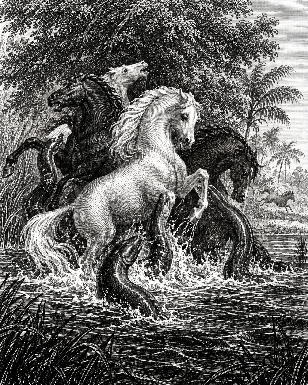 Ilustración en blanco y negro al estilo de un grabado antiguo: anguilas eléctricas salen de una charca fangosa y se lanzan contra caballos