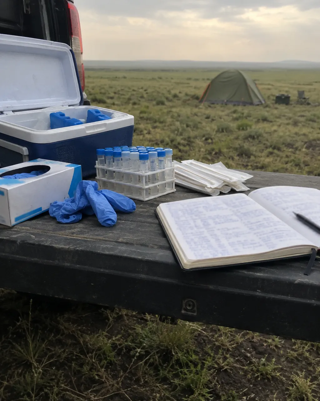 Kit veterinario de muestreo con una gradilla de plástico y tubos pequeños sobre la compuerta trasera de un todoterreno, en un campamento de la estepa