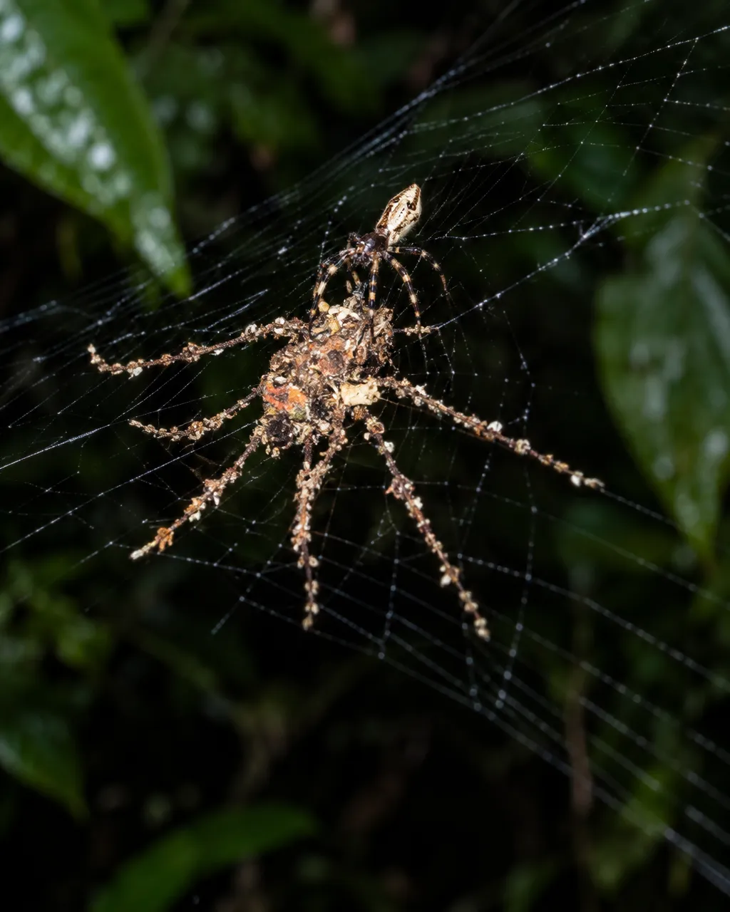 Telaraña vista en diagonal en el sotobosque amazónico de noche, con una figura de restos en forma de araña grande en su centro