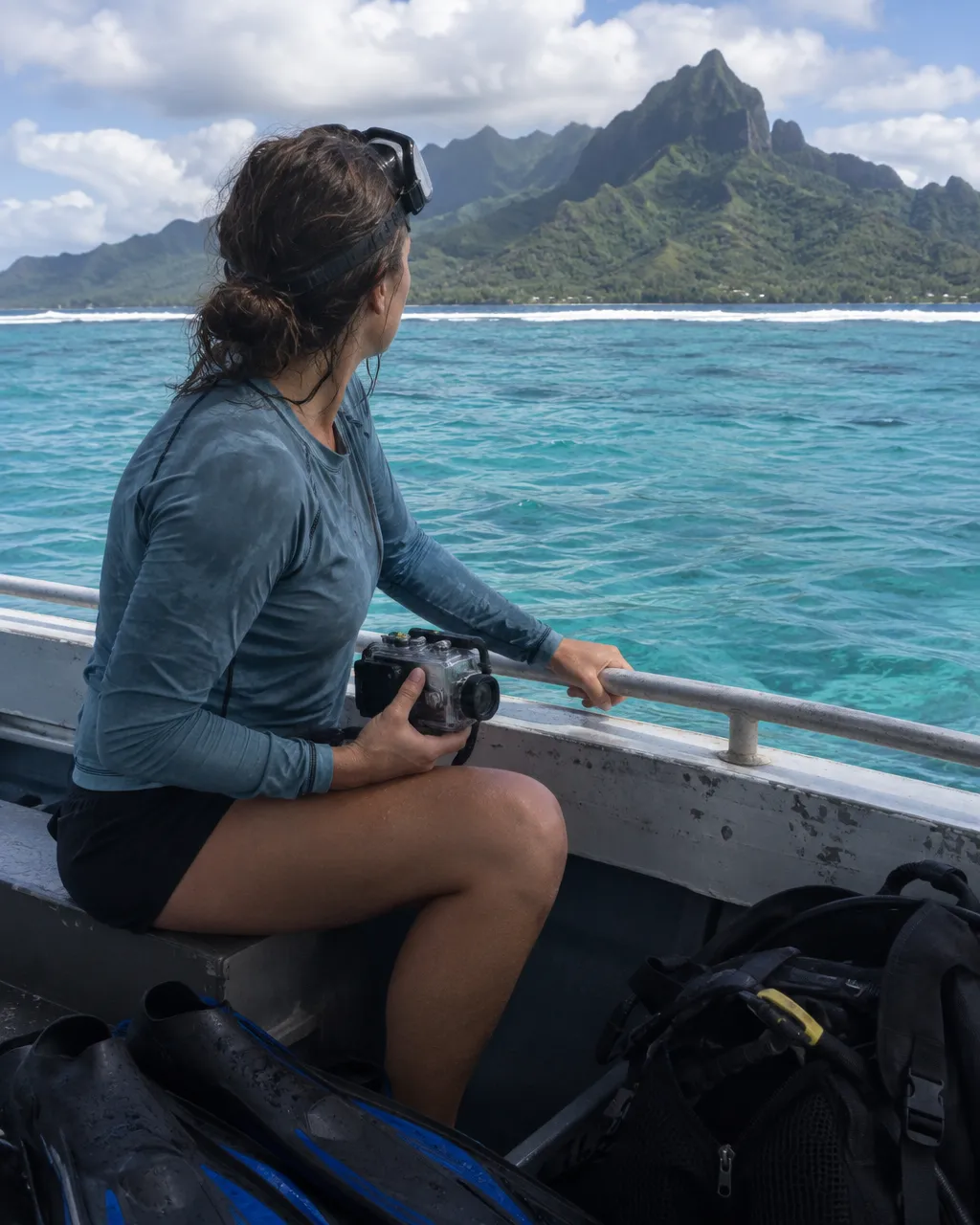 Mujer con la máscara de buceo en la frente y una cámara submarina en la mano, sentada en la borda de una lancha frente a una laguna turquesa y montañas volcánicas verdes