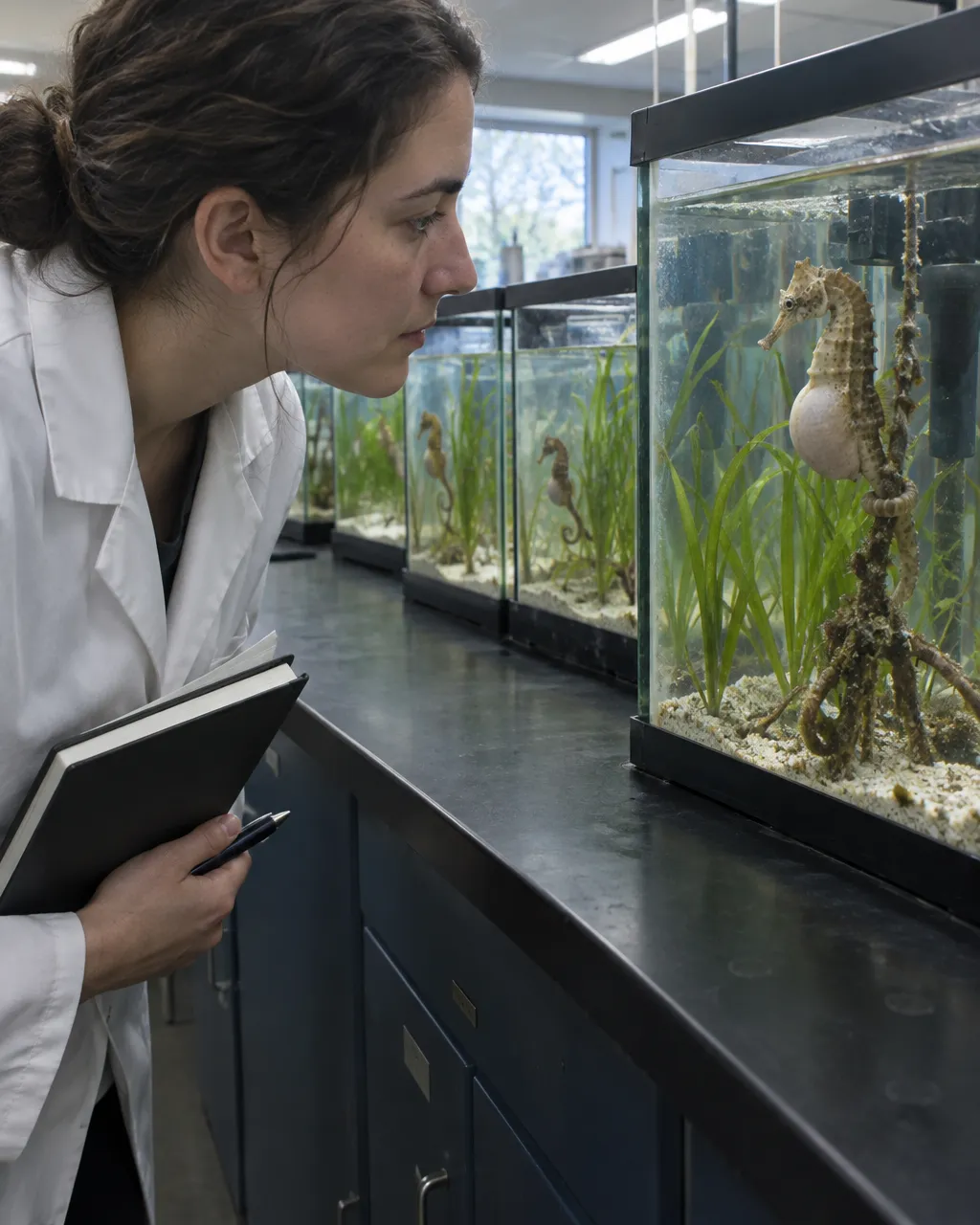 Persona con bata de laboratorio, de perfil, inclinada frente a un acuario de investigación donde nada un caballito de mar macho preñado