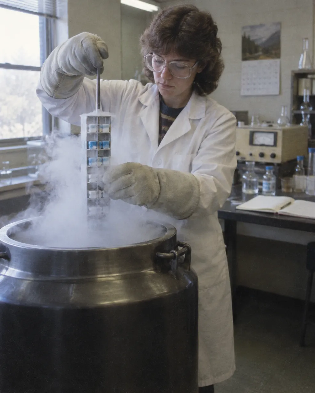 Técnico de laboratorio con bata blanca, guantes aislantes gruesos y gafas de seguridad, bajando con cuidado una varilla de viales en un laboratorio de época, hacia 1980