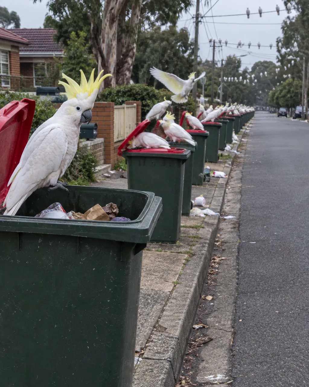 Una cacatúa de cresta amarilla en primer plano y, detrás, una larga fila de contenedores verdes con tapa roja que se pierde a lo largo de una calle suburbana