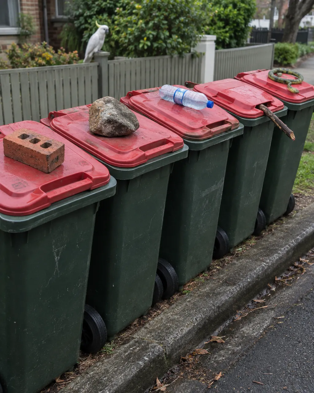 Fila de contenedores verdes con tapa roja en una acera suburbana; sobre las tapas hay un ladrillo rojo, una piedra grande y una botella de agua