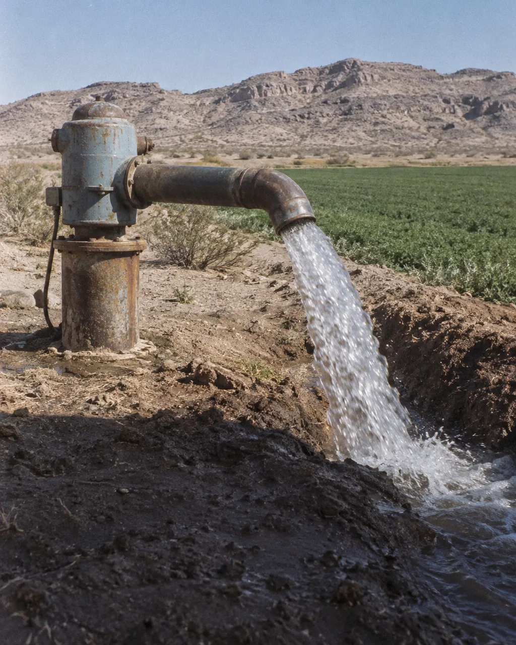 La bomba de un pozo en un rancho del desierto vierte un chorro de agua en un canal de riego, con un campo verde y cerros rocosos al fondo