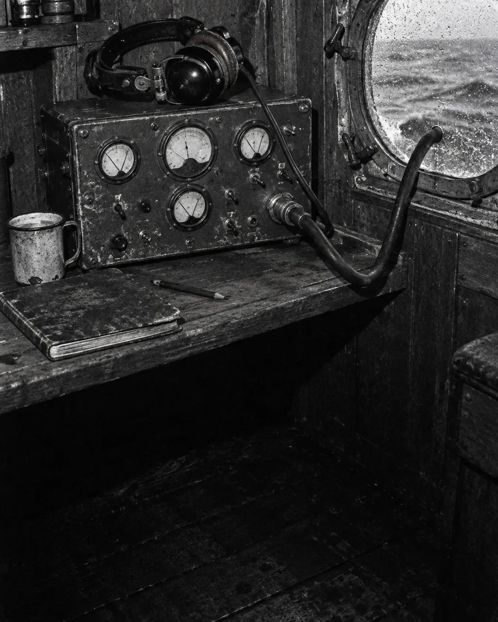 Receptor de hidrófono con diales redondos e interruptores, con unos auriculares de cuero y baquelita encima, en la cabina de madera de una pequeña embarcación, en blanco y negro