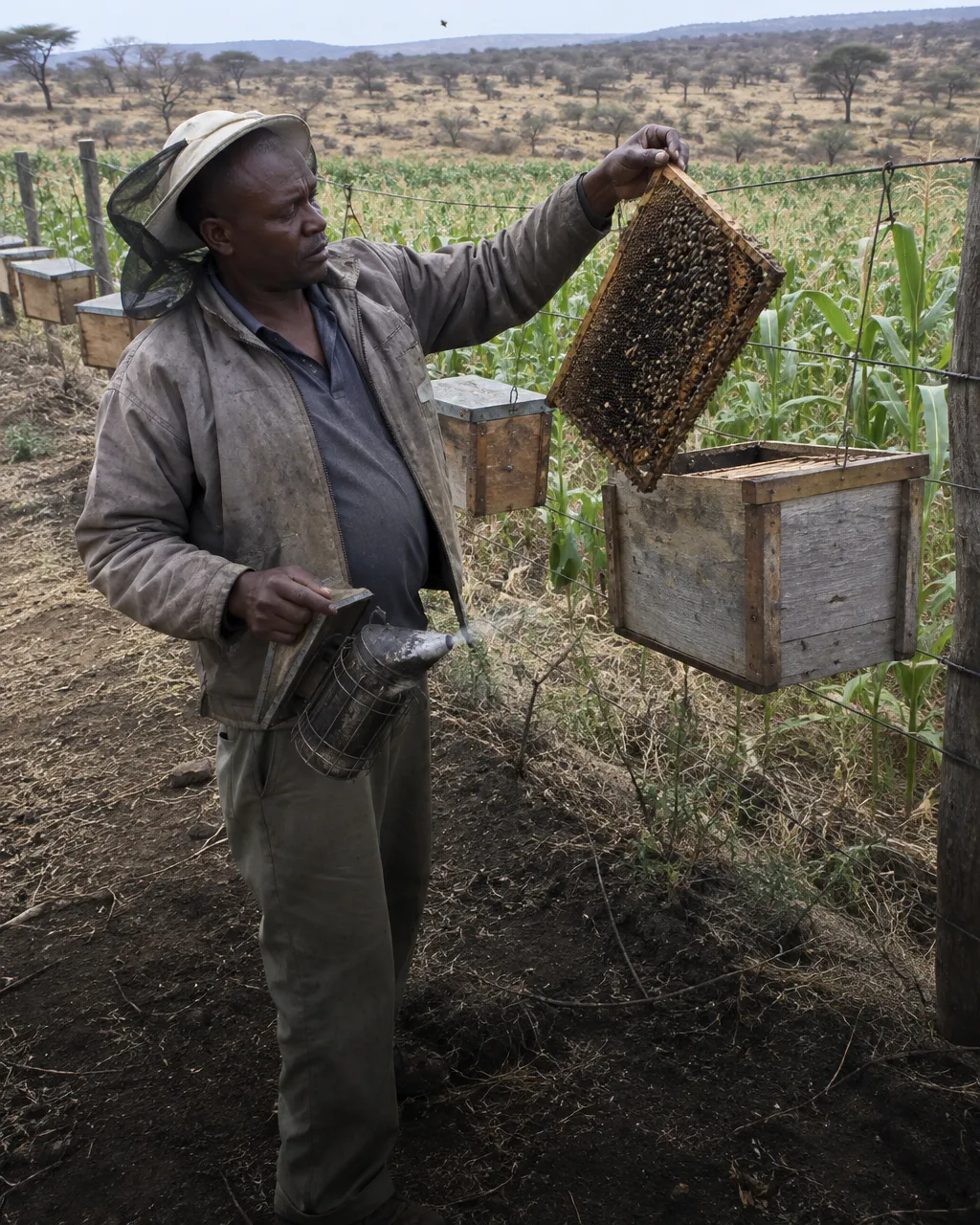 Una persona que cultiva maíz en Kenia, con el velo de apicultura echado hacia atrás, sostiene junto a la cerca de colmenas un marco de madera cargado de panal oscuro.