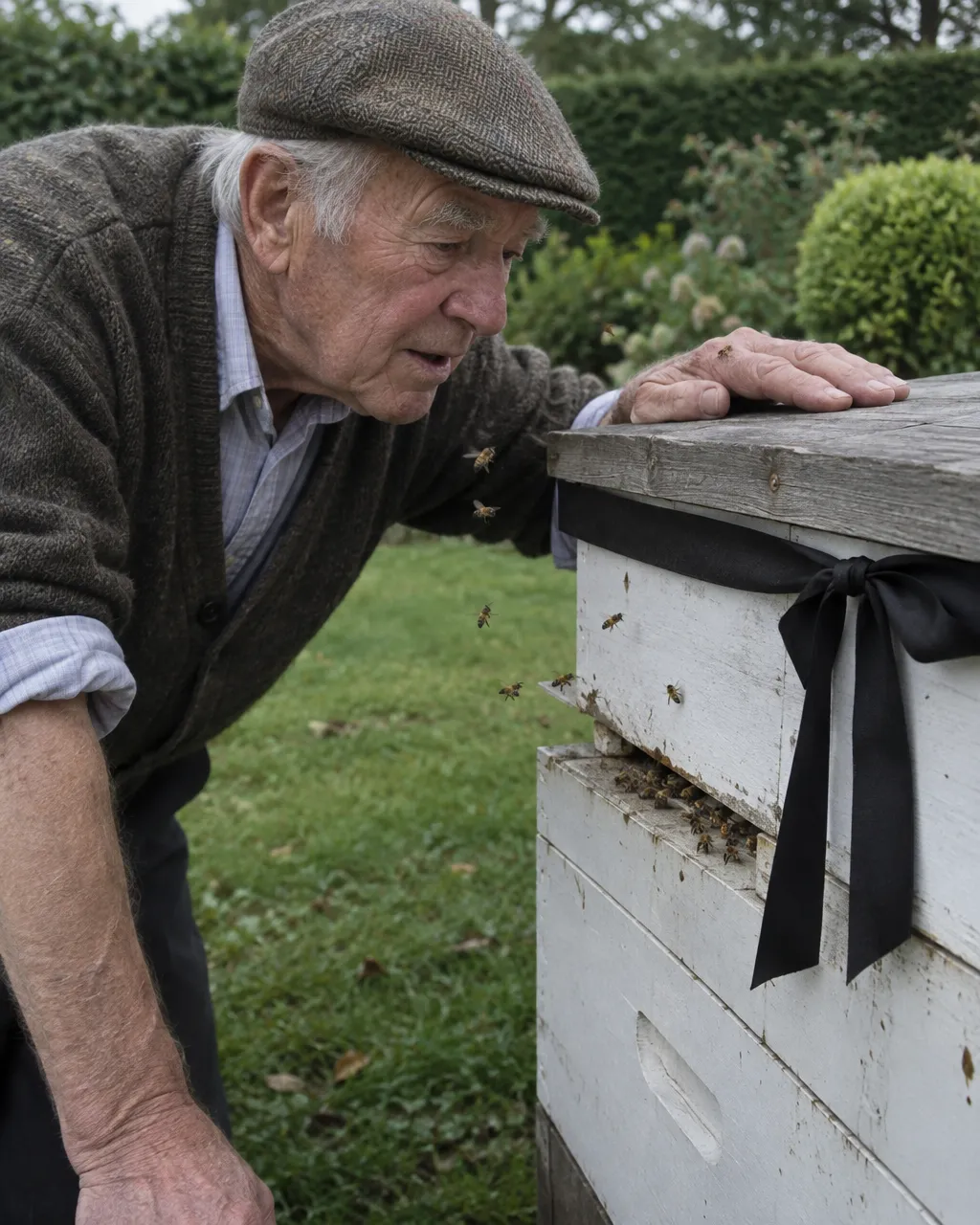 Apicultor de edad avanzada, con gorra de tweed y chaqueta de punto, inclinado hacia una colmena blanca atada con una cinta negra, con los labios entreabiertos como si le hablara.
