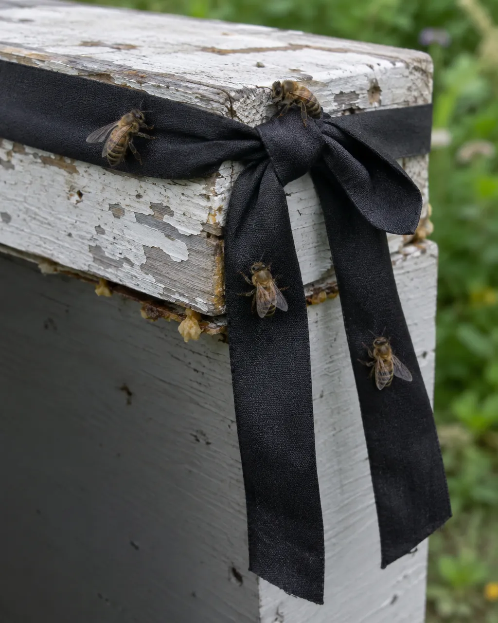 Esquina desgastada de la tapa de una colmena de madera pintada de blanco, con un lazo negro anudado y unas pocas abejas caminando sobre la tela.