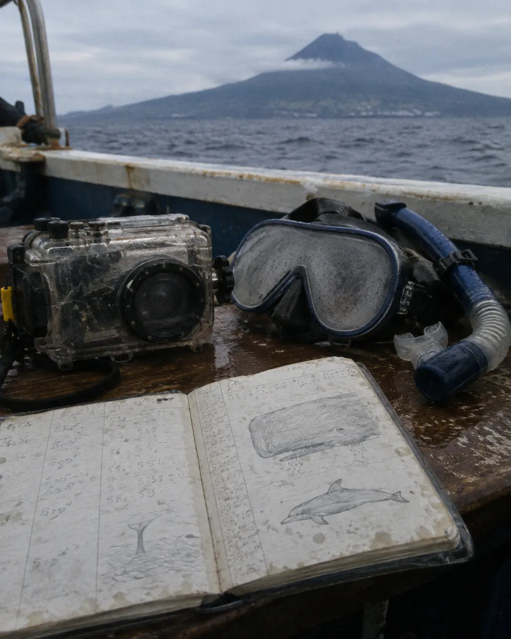 Banco de madera mojado de un bote de investigación con una cámara compacta en carcasa submarina, una máscara de buceo empañada y una libreta de campo abierta.