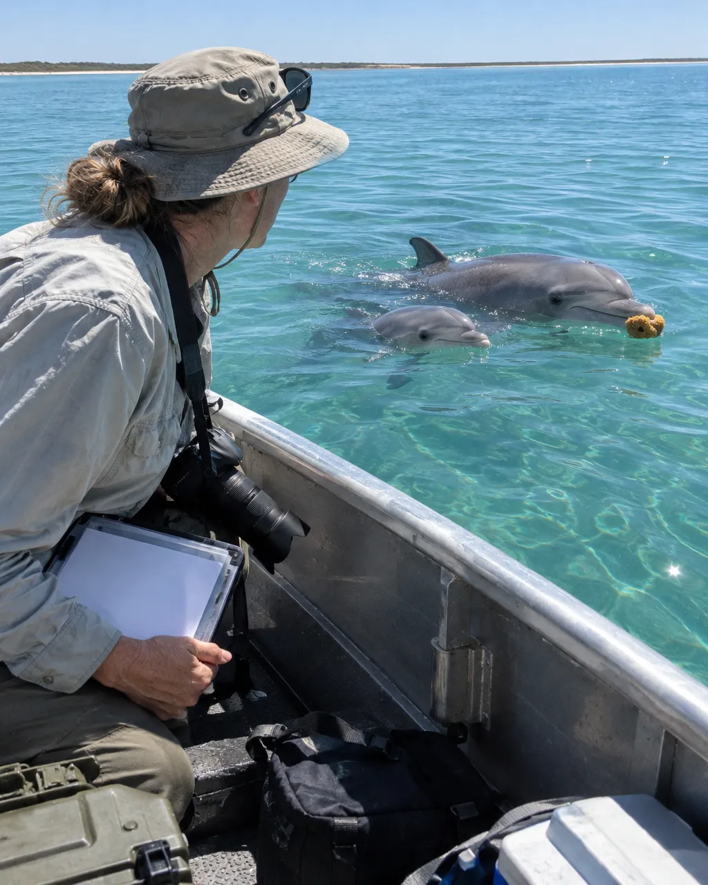 Persona con sombrero y gafas de sol sostiene una tablilla impermeable con hojas de datos en un pequeño bote de aluminio sobre aguas turquesa y tranquilas.