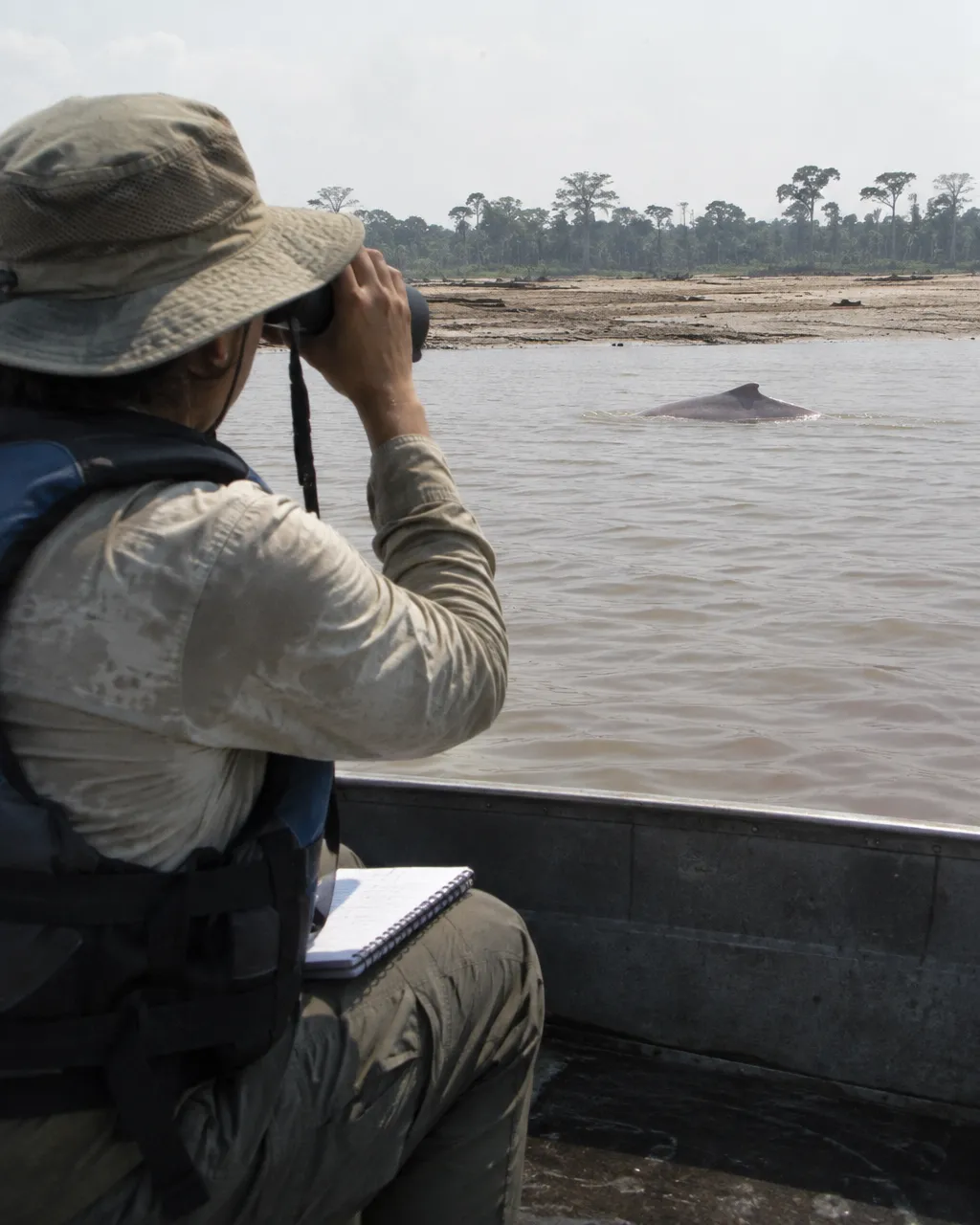 Persona con sombrero de ala ancha y chaleco salvavidas mira el agua con binoculares desde un bote de aluminio en un lago amazónico de agua baja