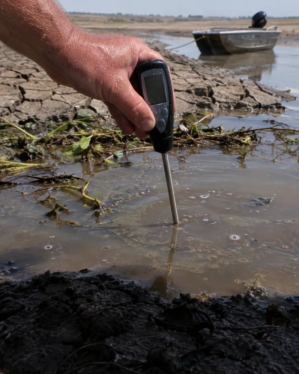 Mano quemada por el sol sostiene un termómetro de campo con la sonda metálica metida en agua marrón, turbia y poco profunda