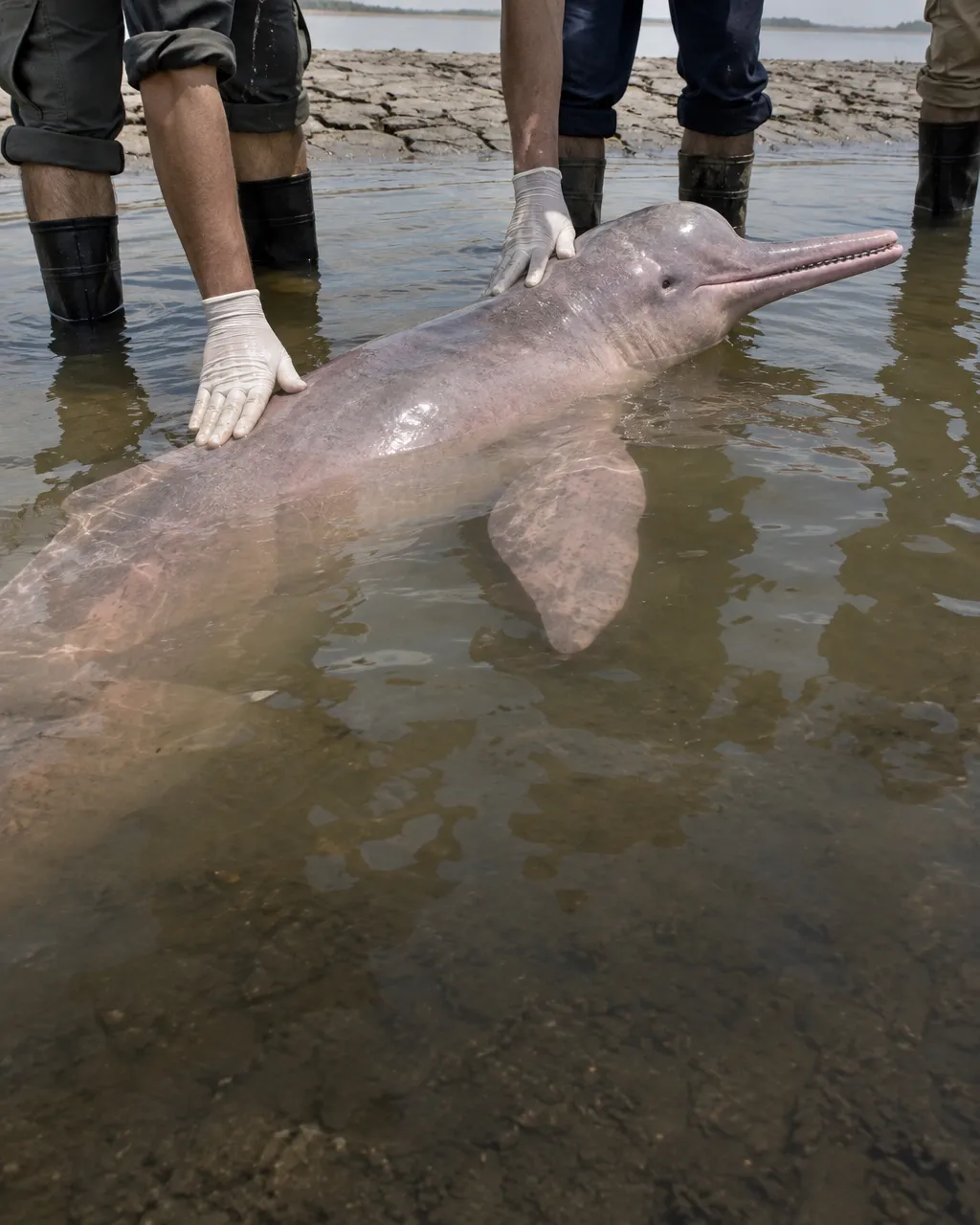 Boto rosado vivo en agua turbia color oliva tan poco profunda que apenas le cubre el lomo