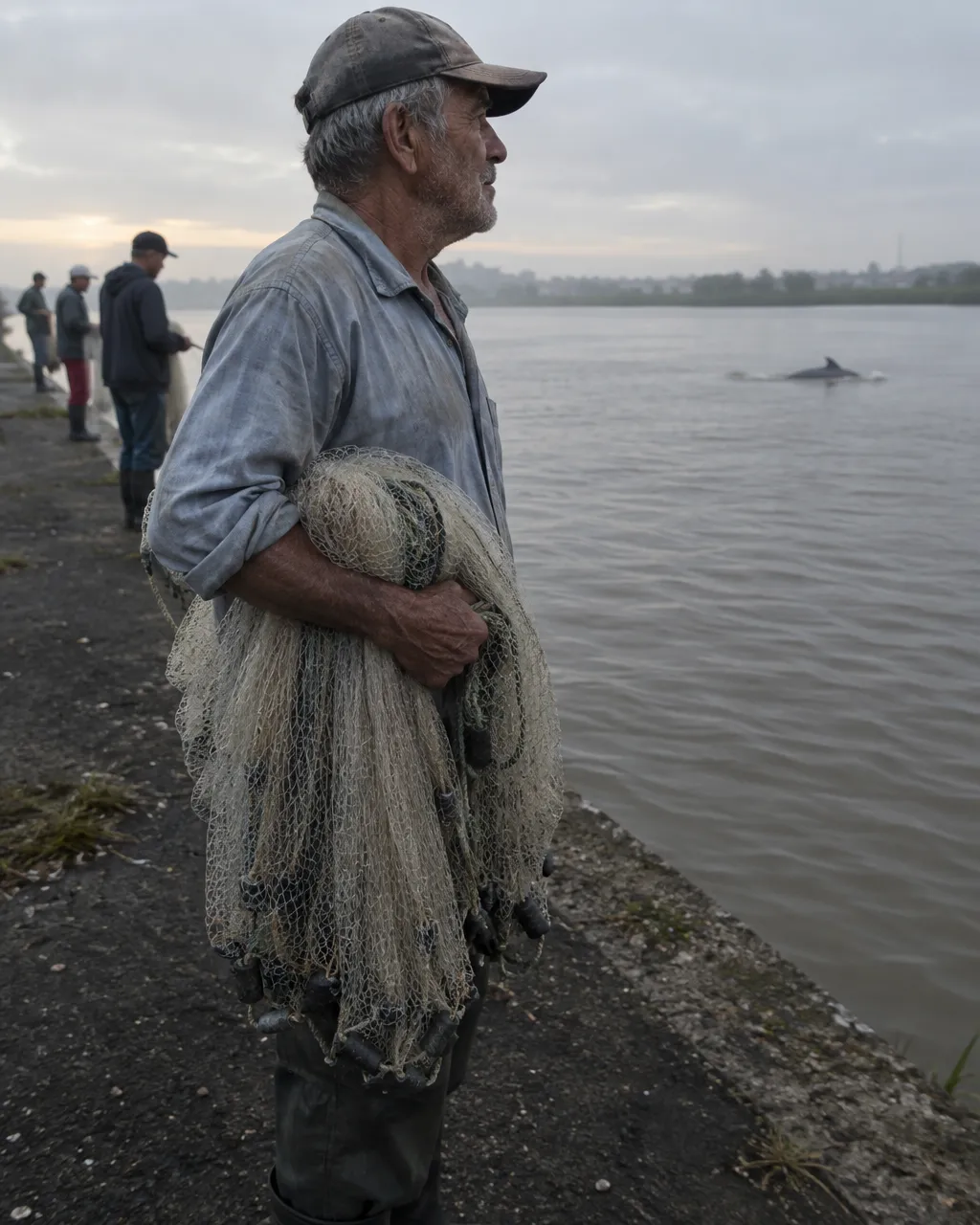 Pescador artesanal de edad avanzada, con gorra desteñida y camisa gastada, de pie al borde de un canal de concreto al amanecer, con una red plegada sobre el antebrazo.