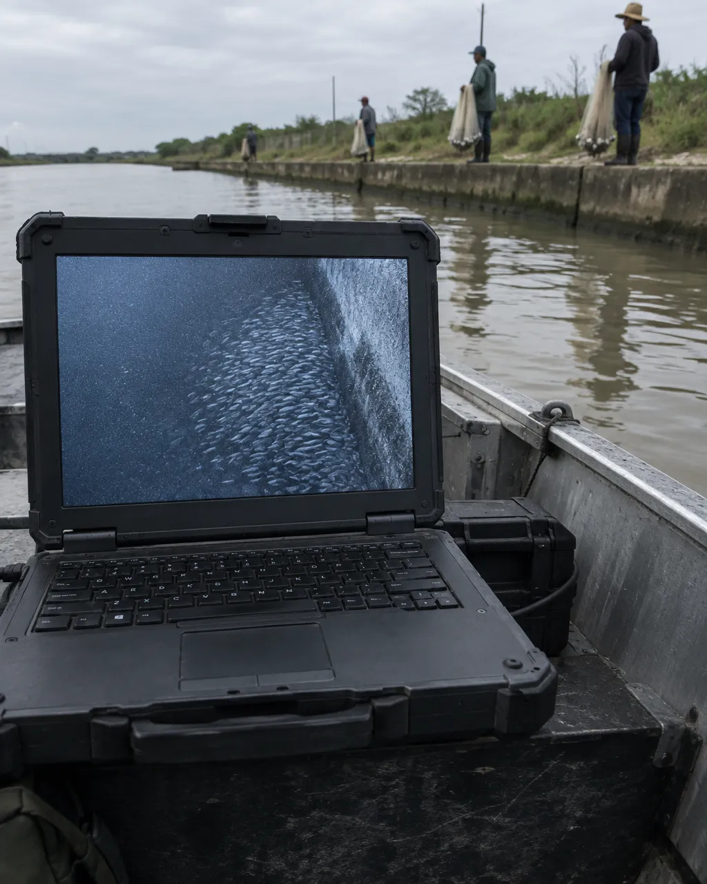 Computadora portátil sobre el banco de un bote de aluminio amarrado junto a un canal de concreto; la pantalla muestra una imagen de sonar en tonos gris azulado con un cardumen denso pegado al muro del canal.