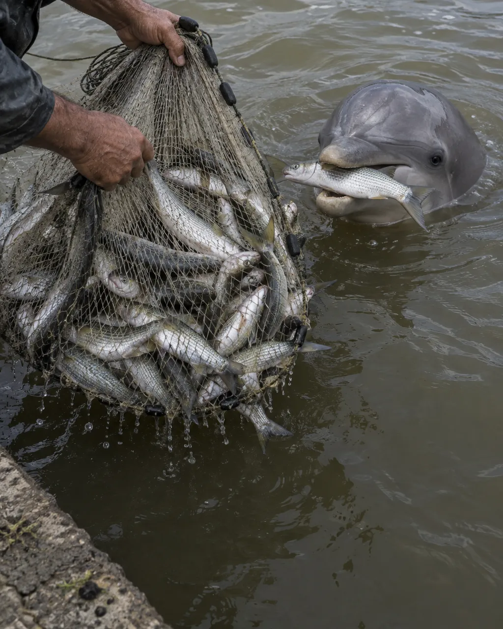 Manos y antebrazos mojados de un pescador sacan una red circular del agua turbia, vista desde la orilla embarrada de un canal.