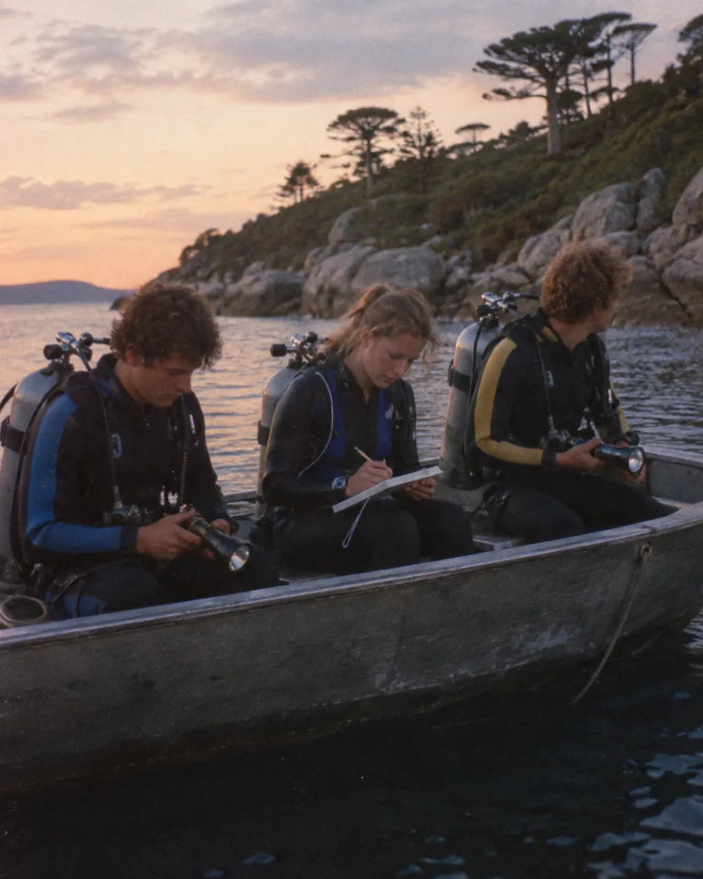 Bahía de una isla de granito al atardecer, con rocas y araucarias en la ladera; tres jóvenes con trajes de neopreno y tanques de buceo de los años ochenta, sentados en el borde de un bote de aluminio cerca de la orilla.