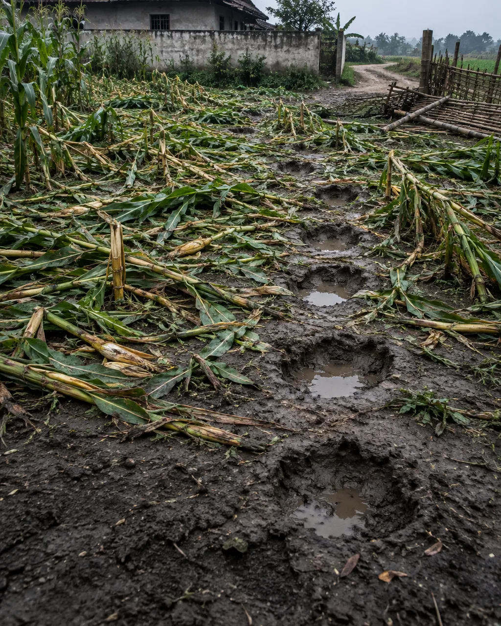 Huellas redondas y hondas, llenas de agua, cruzan un maizal aplastado hacia una casa de campo