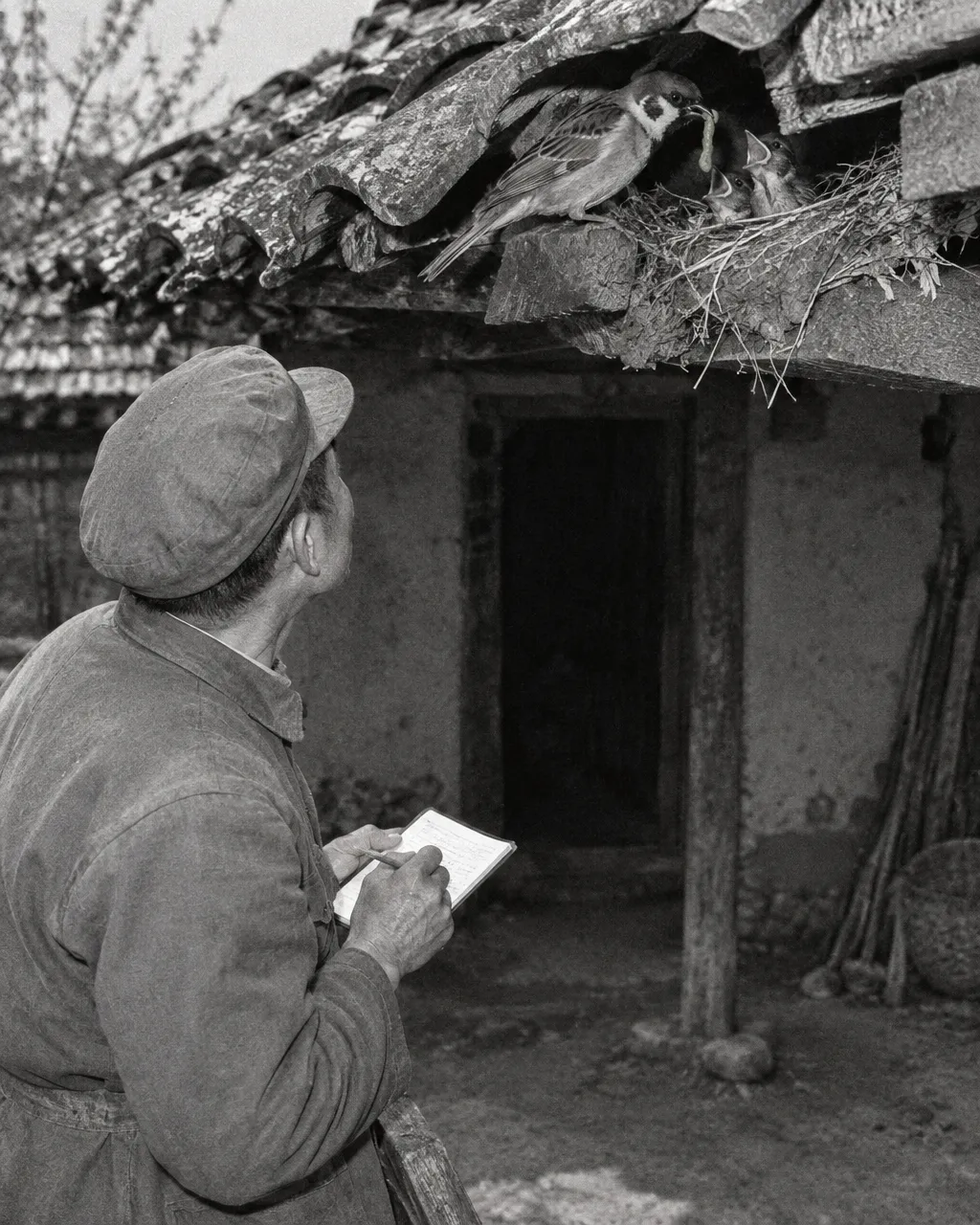 Hombre de mediana edad con túnica de algodón y gorra de los años cincuenta, visto de tres cuartos por detrás en el patio de una aldea, en blanco y negro