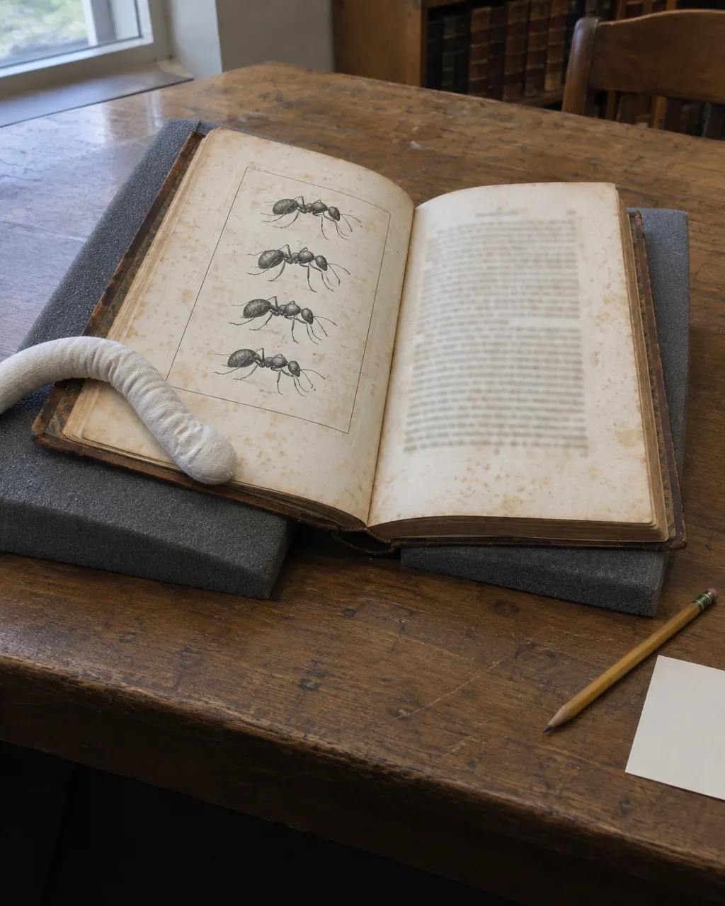 Libro antiguo de historia natural abierto sobre soportes de espuma gris en una mesa de madera, con una lámina grabada de varias hormigas de perfil junto a una página de texto impreso