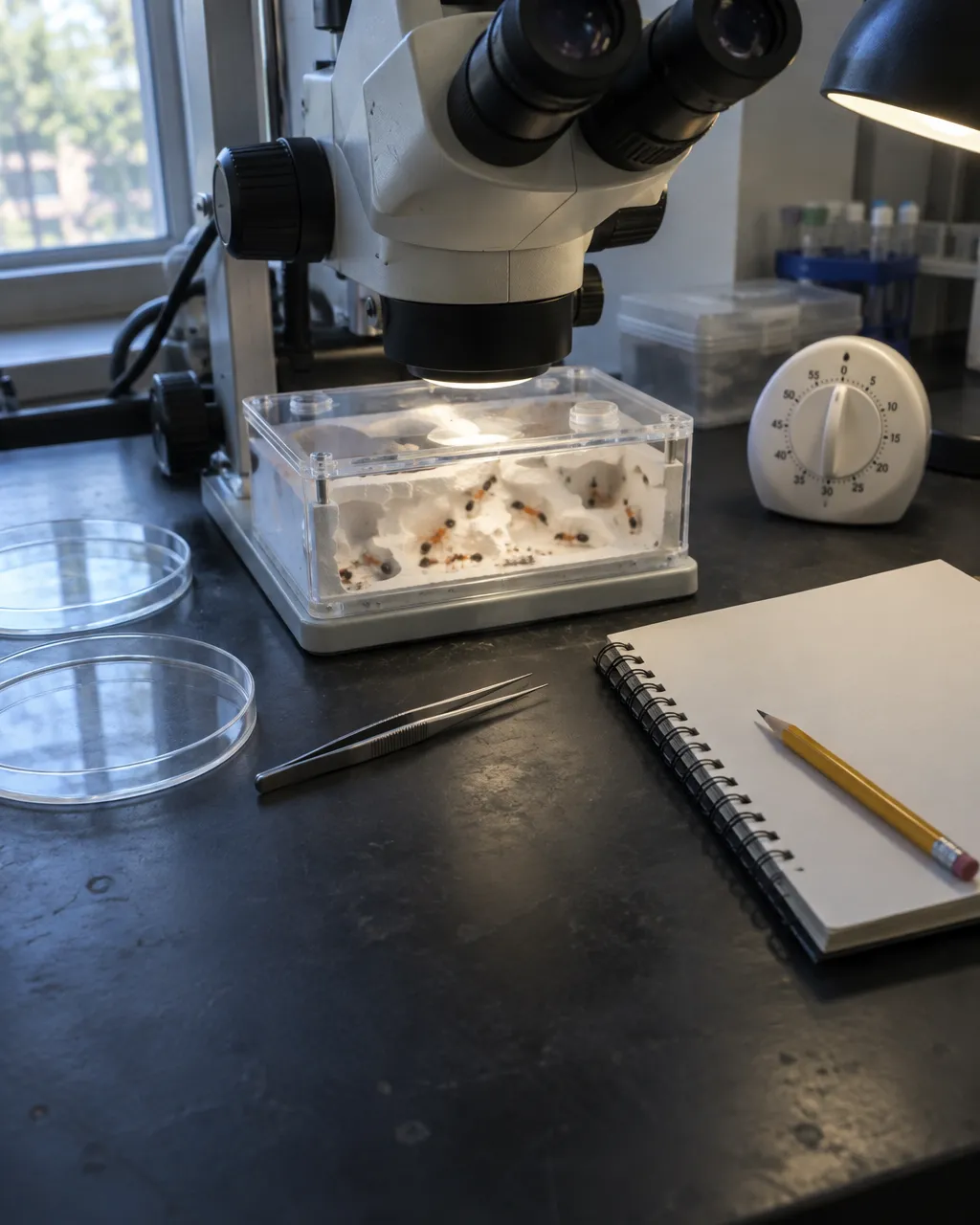 Mesa de un laboratorio de entomología con una lupa estereoscópica inclinada sobre una pequeña caja transparente de nido artificial con piso blanco, hormigas desenfocadas en su interior y un temporizador de cocina al lado