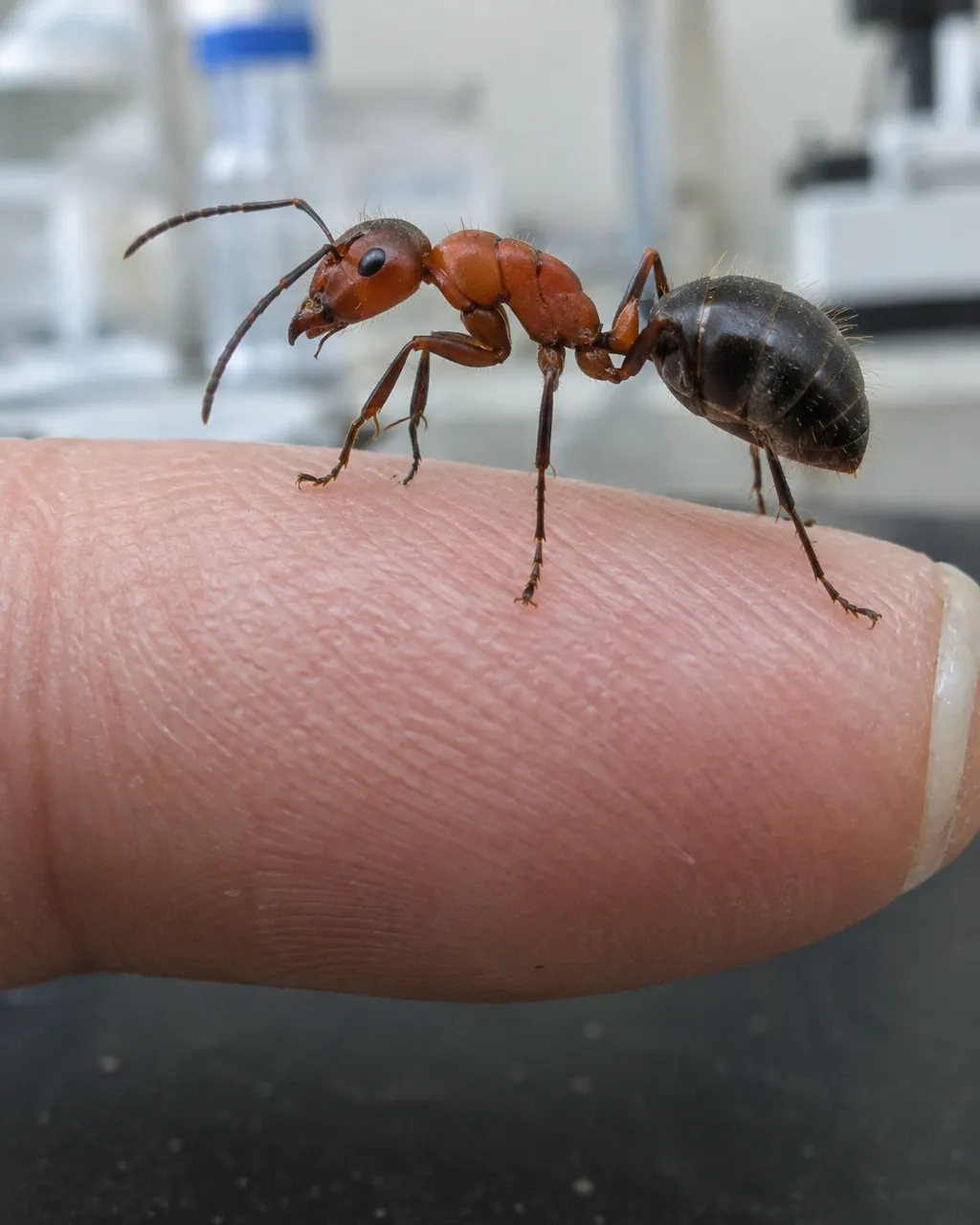 Obrera de hormiga carpintera de Florida, de cabeza y tórax rojizos, abdomen negro y finos pelos dorados, caminando alerta sobre el piso de un nido de laboratorio