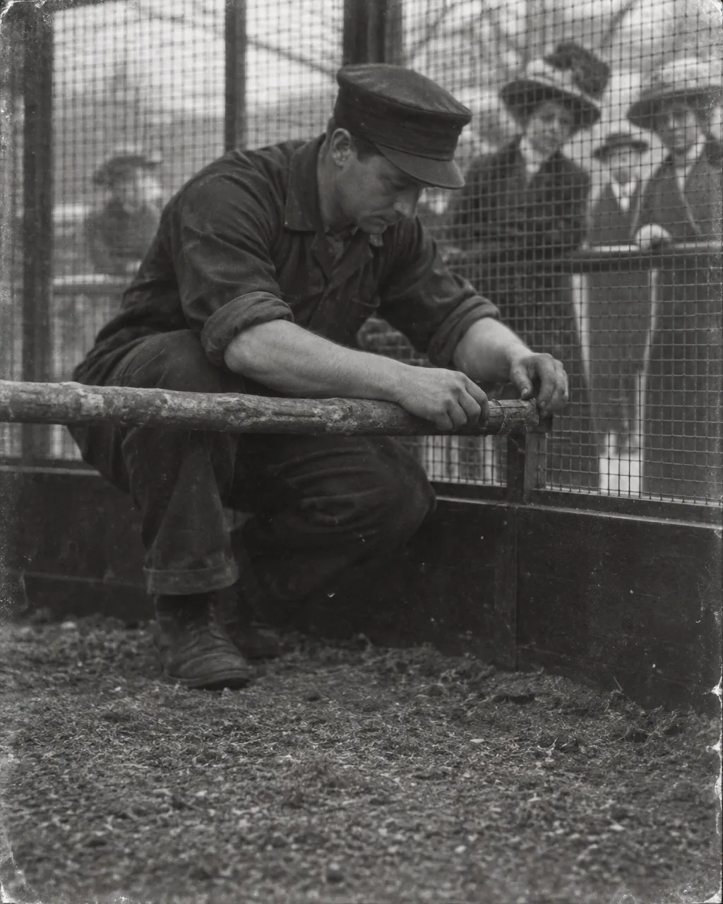 Fotografía de aspecto antiguo en blanco y negro de un cuidador con uniforme oscuro, gorra y mangas remangadas, agachado dentro de un aviario de malla metálica