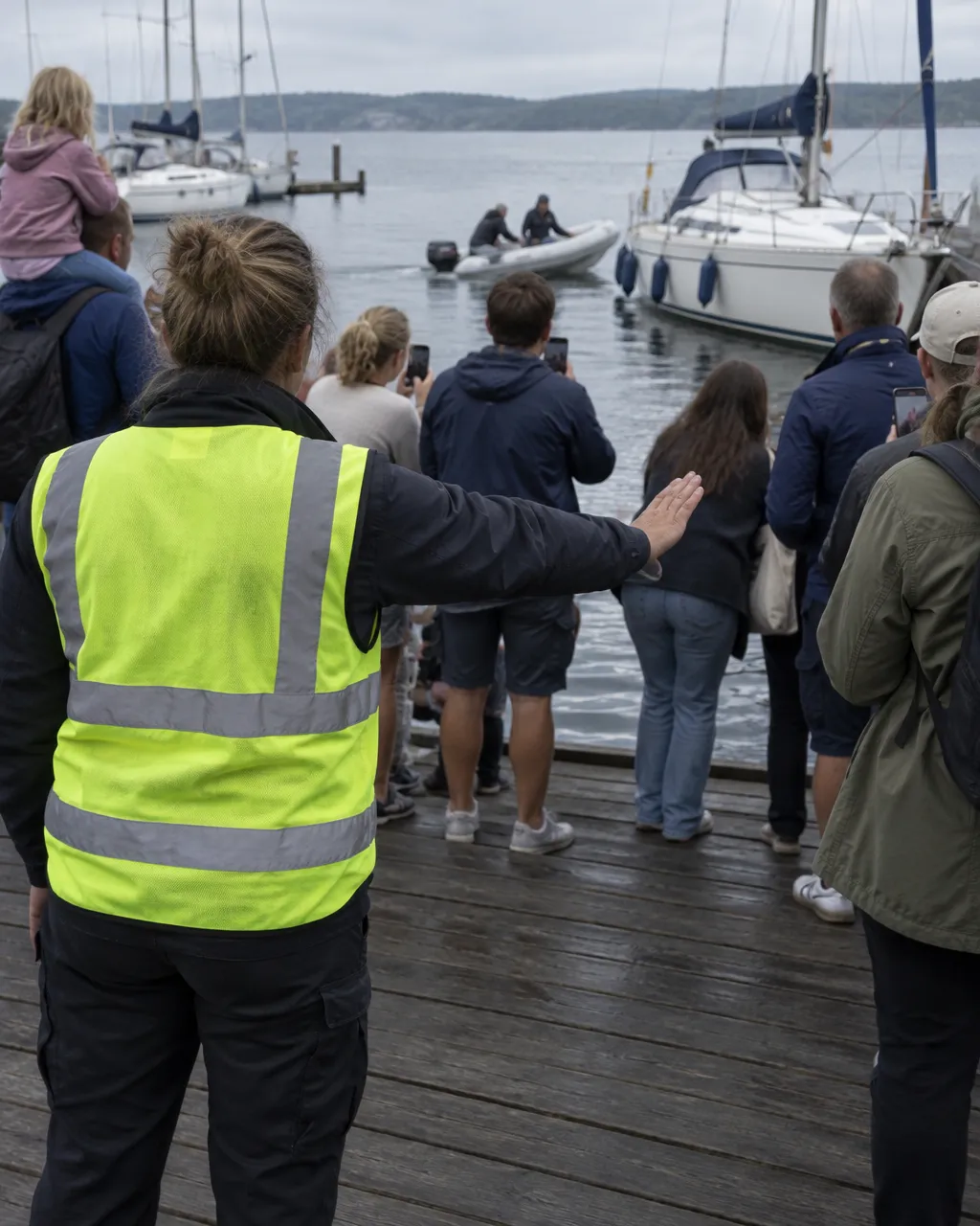 Un funcionario con chaleco reflectante, de espaldas, extiende el brazo con la palma abierta para pedir a un grupo de curiosos con teléfonos que retrocedan en un muelle concurrido