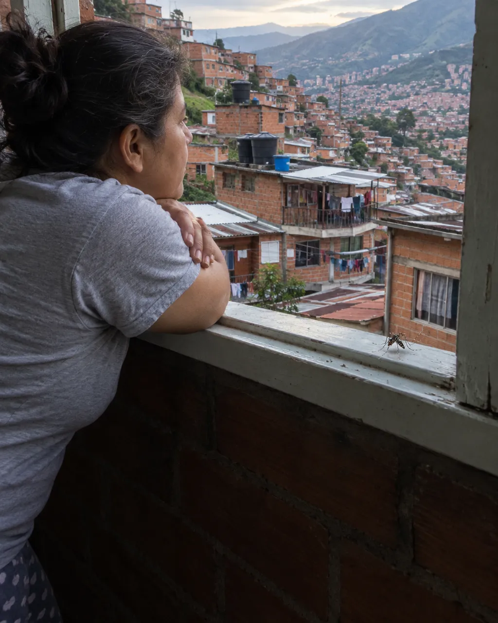 Una persona de mediana edad se asoma a una ventana abierta y sin malla en una casa de ladrillo de un barrio de ladera, en una ciudad de valle andino, con luz de la tarde.