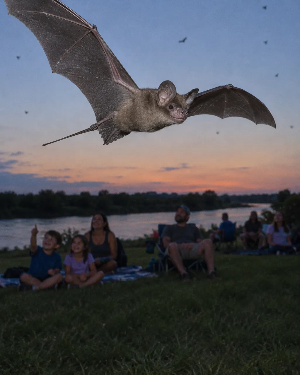 Murciélago cola de ratón mexicano en pleno vuelo, con las alas largas y estrechas extendidas, iluminado por un flash sobre la orilla con pasto de un río al anochecer.