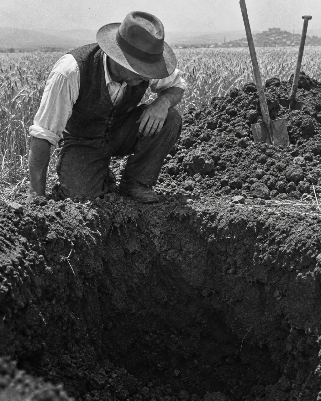 Hombre con chaleco, camisa arremangada y sombrero de ala ancha, agachado al borde de un pozo excavado en un trigal