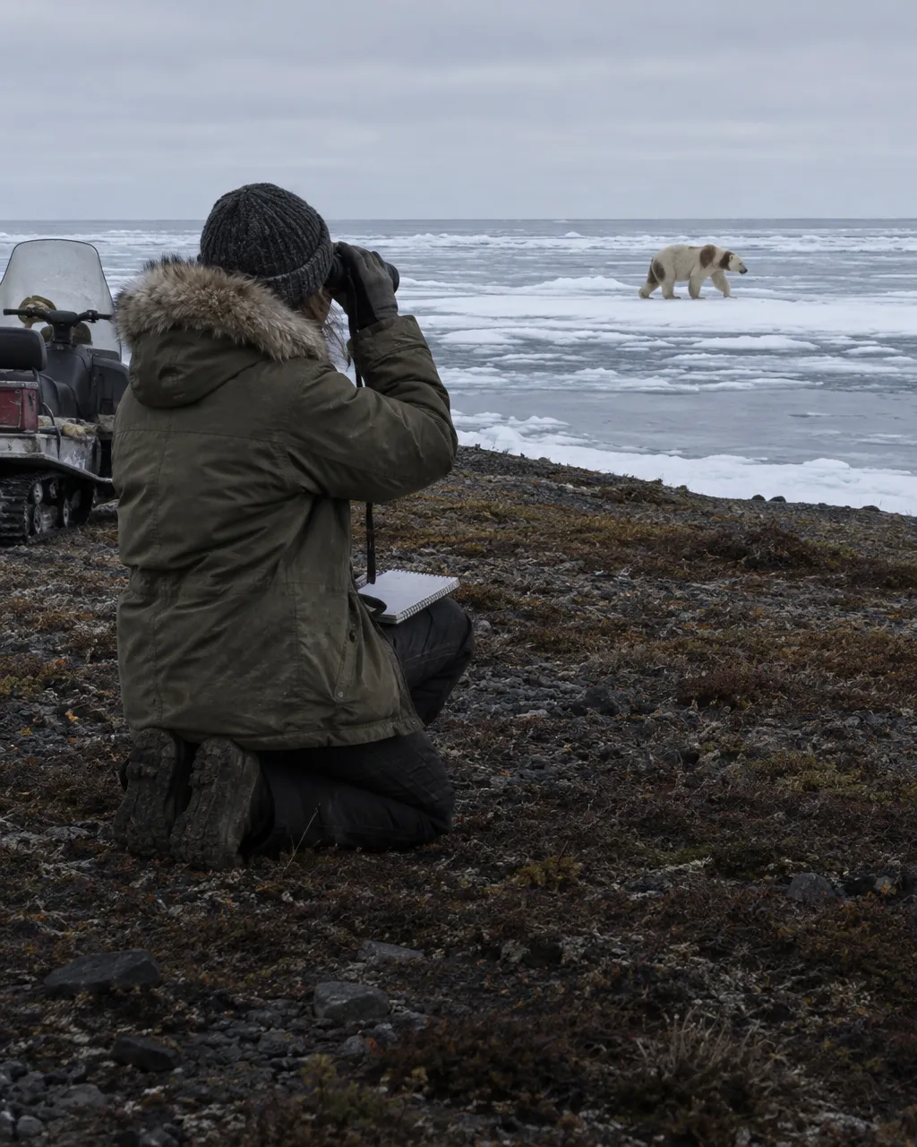 Una persona con parka gastada y gorro de lana, arrodillada en una loma de grava de la tundra, mira la costa con binoculares; tiene una libreta de campo sobre la rodilla y una vieja moto de nieve detrás.