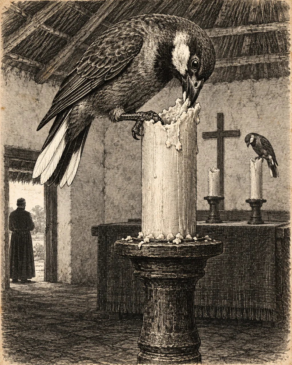 Ilustración en tinta negra, al estilo de un grabado antiguo, del interior de una capilla sencilla con vigas y techo de paja, muros encalados y un altar de madera