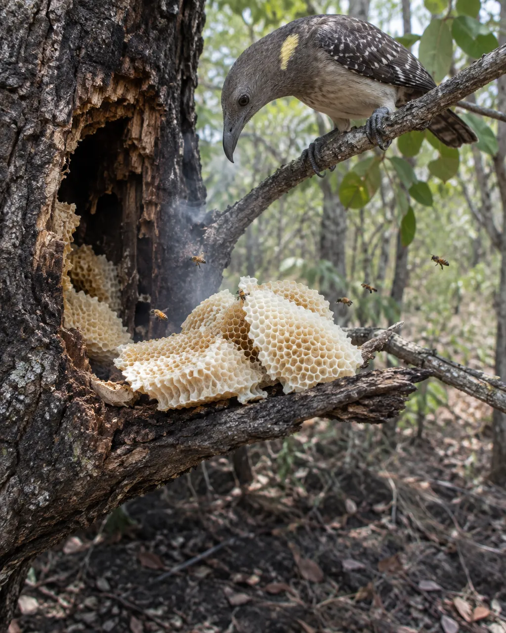Nido de abejas recién abierto en el tronco hueco de un árbol, con trozos de panal de cera vacíos sobre una rama y un indicador posado justo encima, mirando la cera